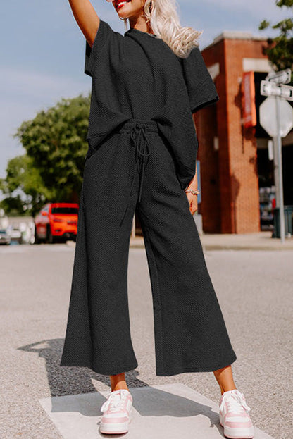 Navy Blue Textured Loose Fit T Shirt and Drawstring Pants Set