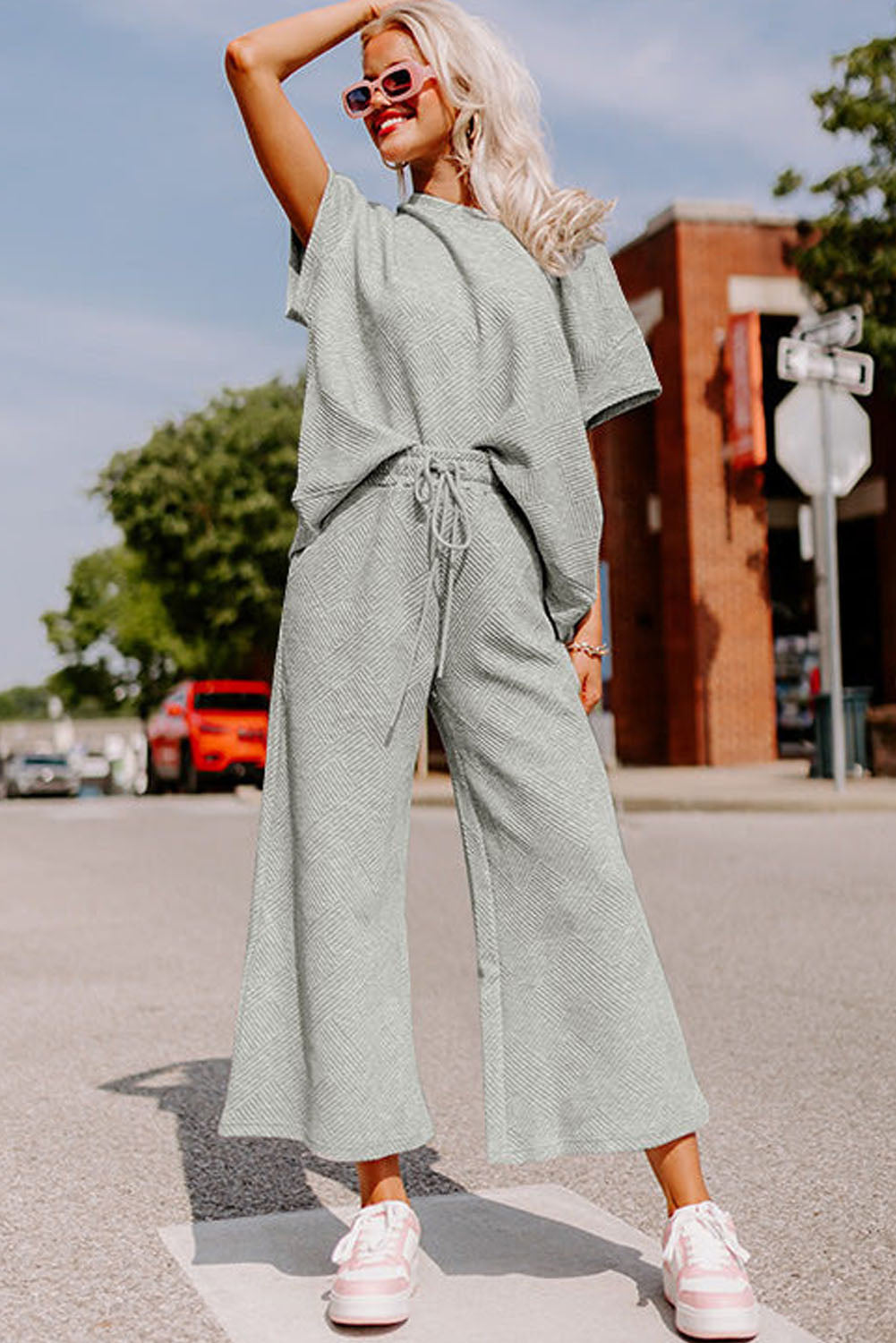 Navy Blue Textured Loose Fit T Shirt and Drawstring Pants Set