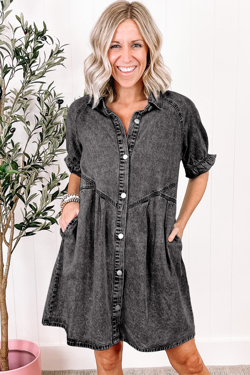 Beau Blue Mineral Wash Ruffled Short Sleeve Buttoned Denim Dress