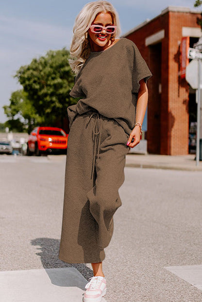 Navy Blue Textured Loose Fit T Shirt and Drawstring Pants Set