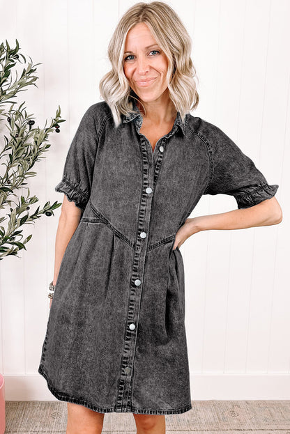 Beau Blue Mineral Wash Ruffled Short Sleeve Buttoned Denim Dress