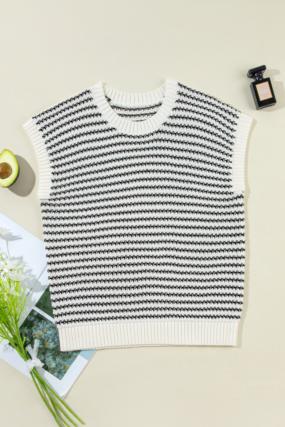 Blue Stripe Ribbed Trim Loose Fit Knitted Sweater Vest