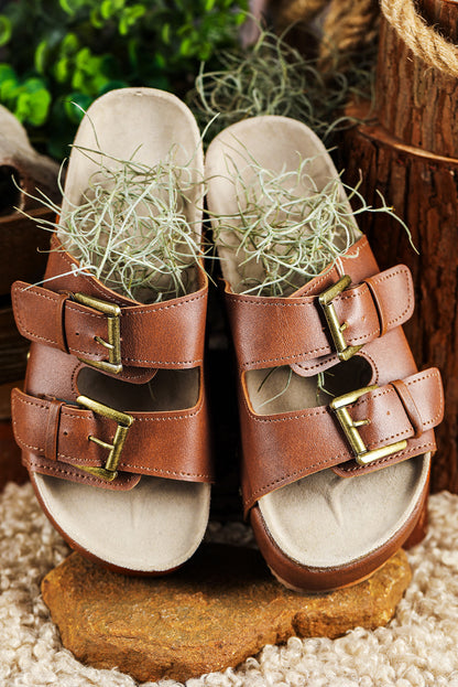 Chestnut Dual Buckle Studded Platform Sandal Slippers