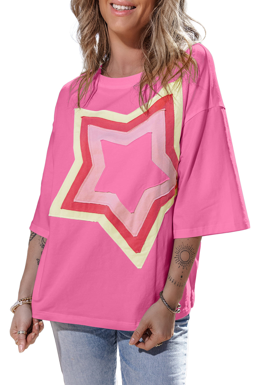 Moonlight Jade Colorblock Star Patched Half Sleeve Oversized Tee