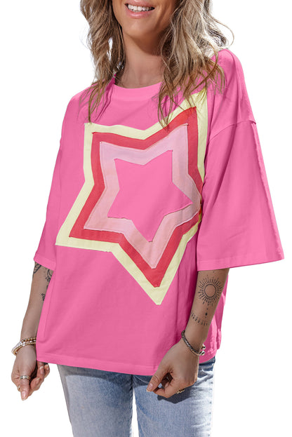 Moonlight Jade Colorblock Star Patched Half Sleeve Oversized Tee