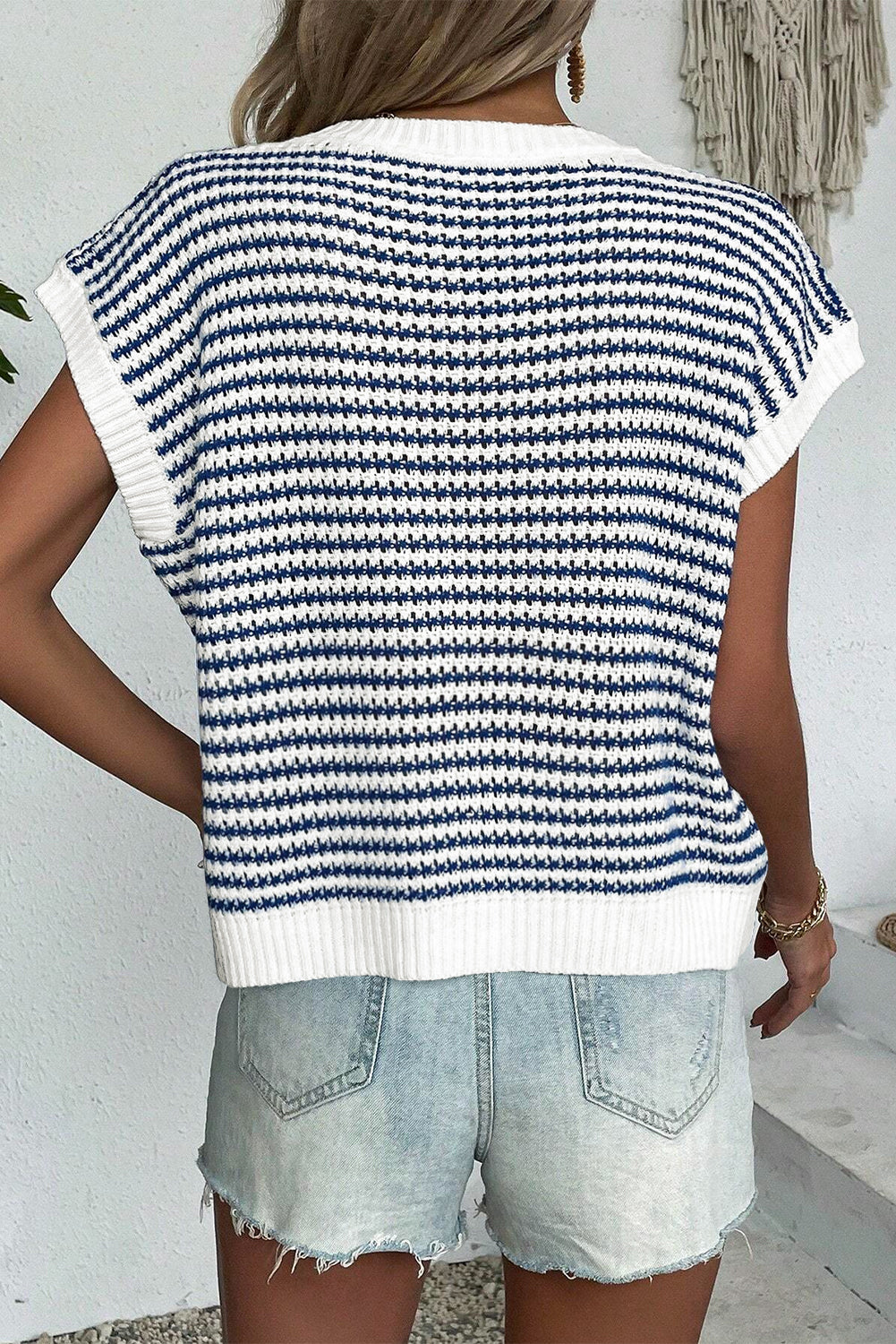 Blue Stripe Ribbed Trim Loose Fit Knitted Sweater Vest