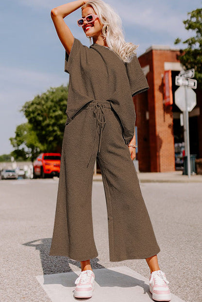 Navy Blue Textured Loose Fit T Shirt and Drawstring Pants Set