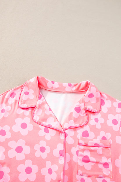 Flower Print Short Sleeve Shirt Pajamas Set