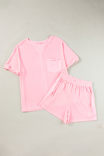 Light Pink Waffle Knit Oversize Tee and Shorts Set