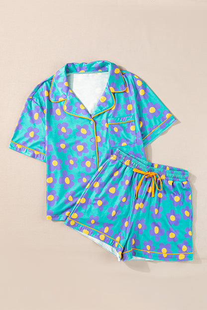 Flower Print Short Sleeve Shirt Pajamas Set