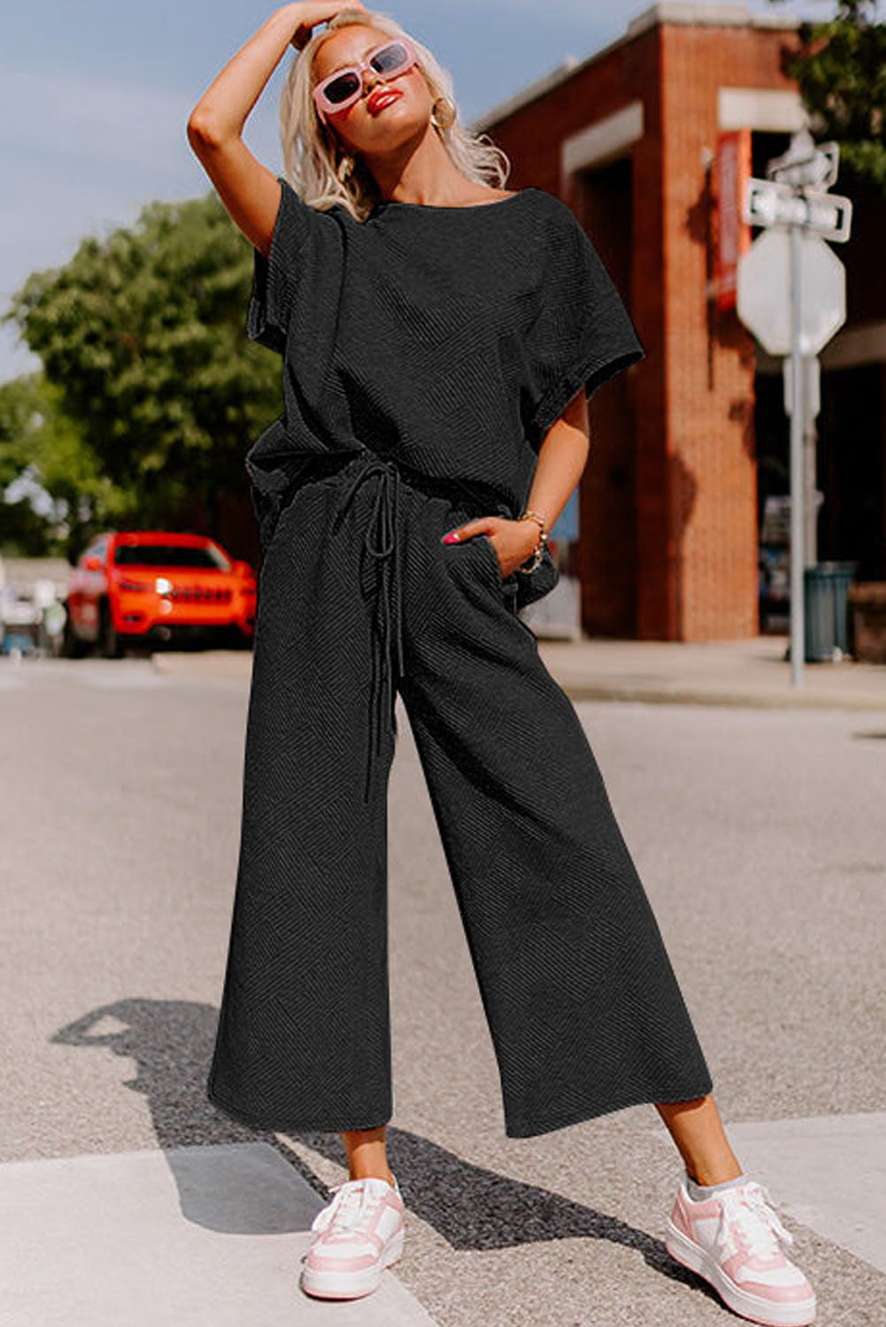 Navy Blue Textured Loose Fit T Shirt and Drawstring Pants Set