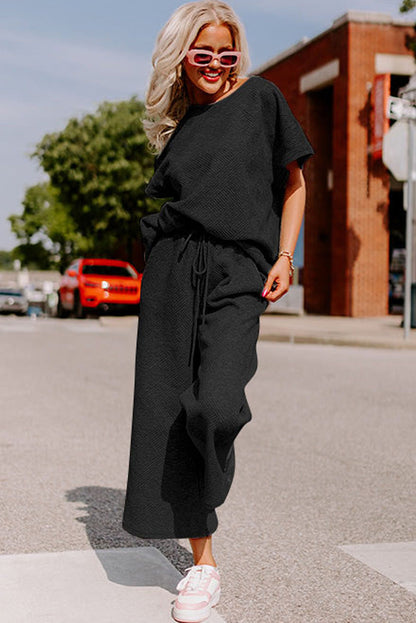 Navy Blue Textured Loose Fit T Shirt and Drawstring Pants Set