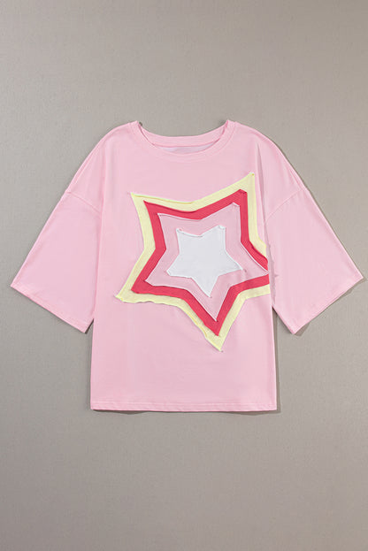 Moonlight Jade Colorblock Star Patched Half Sleeve Oversized Tee