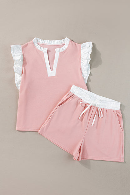 Light Pink Contrast Trim Ruffled Top and Drawstring Shorts Set