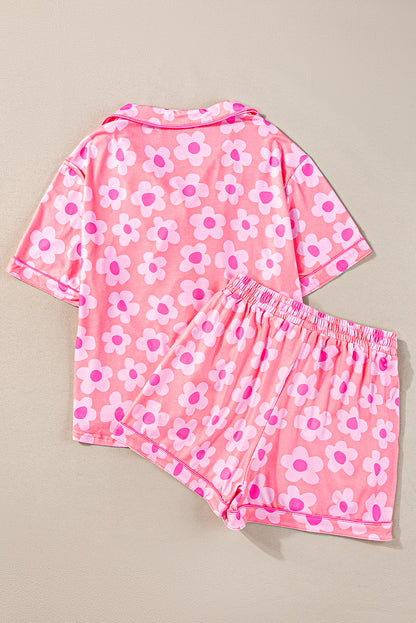 Flower Print Short Sleeve Shirt Pajamas Set