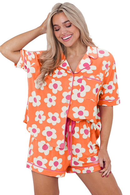 Flower Print Short Sleeve Shirt Pajamas Set