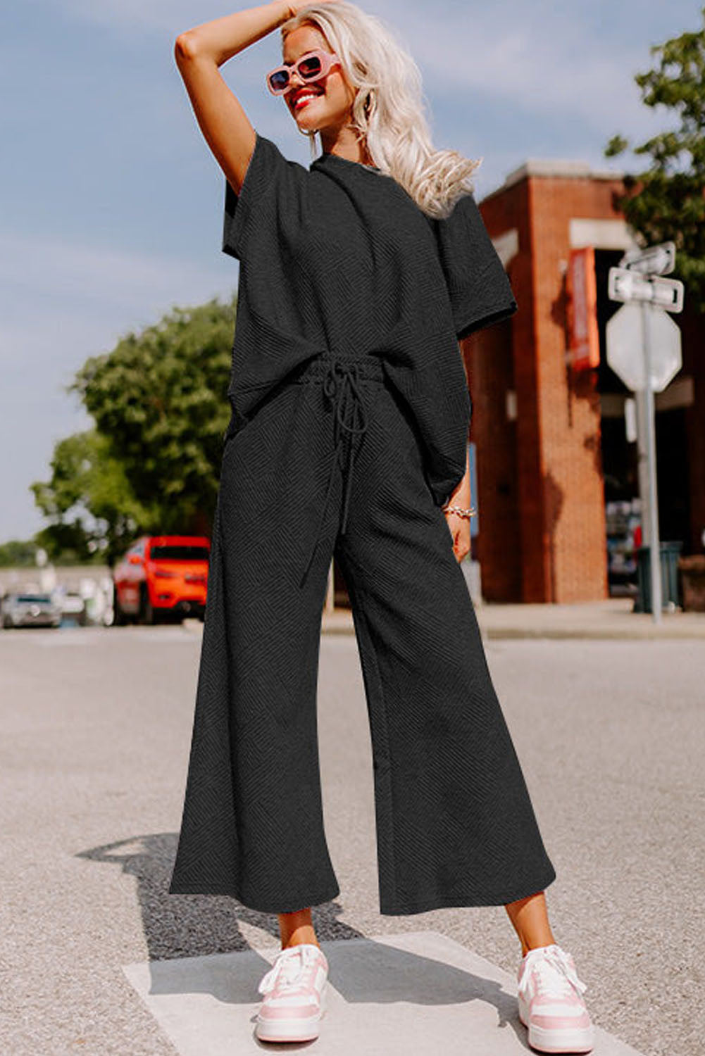 Navy Blue Textured Loose Fit T Shirt and Drawstring Pants Set