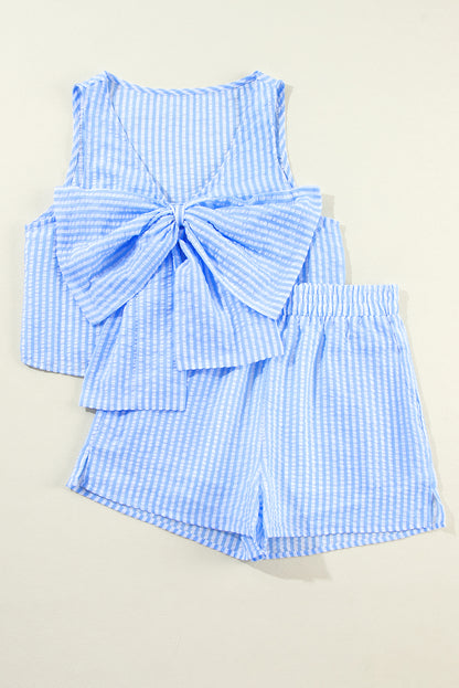 Sky Blue Stripe V Neck Bowknot Crop Tank and Shorts Set