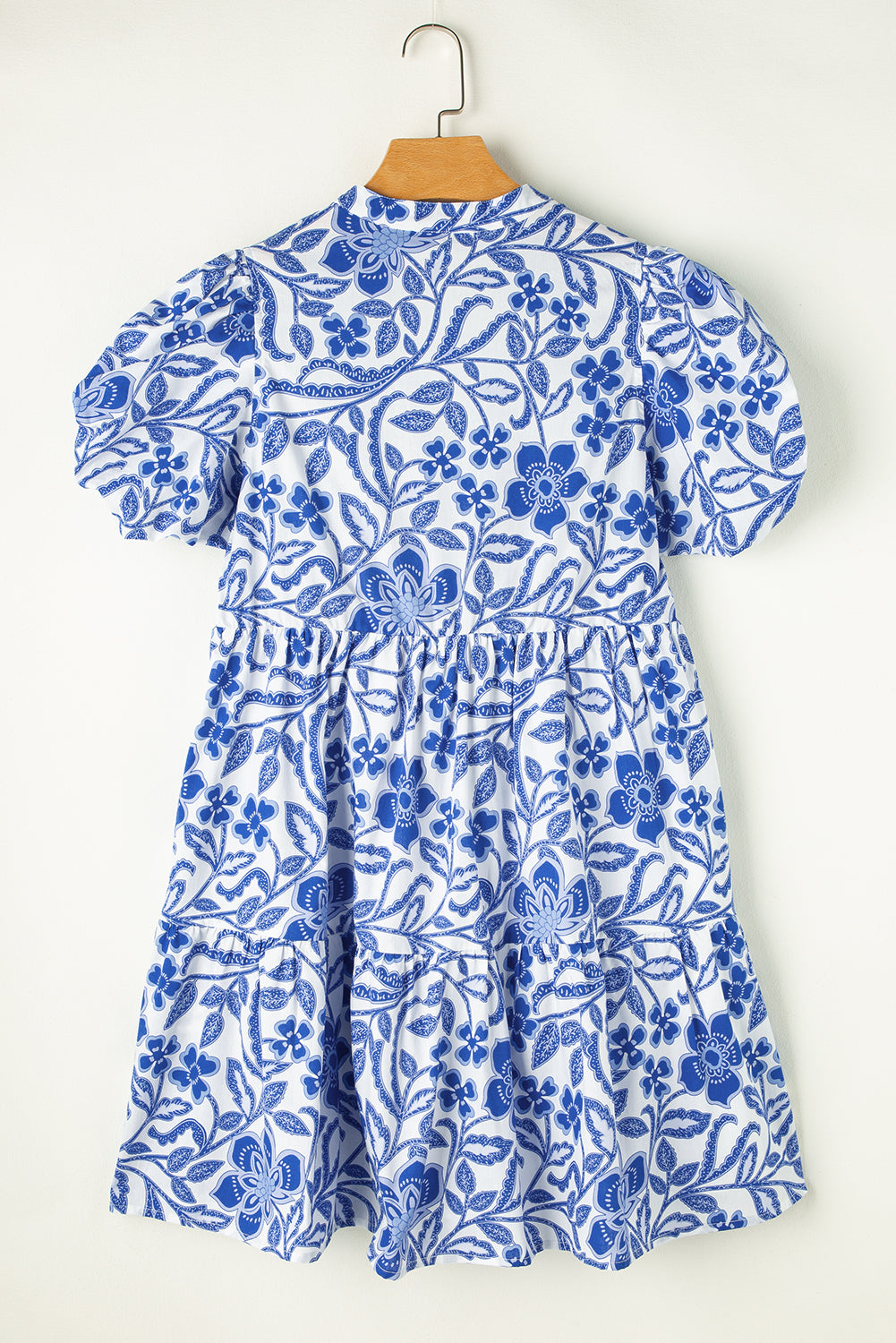 Blue Flower Print Puff Sleeve Tiered Dress