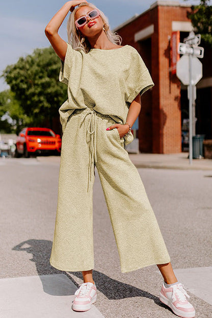 Navy Blue Textured Loose Fit T Shirt and Drawstring Pants Set