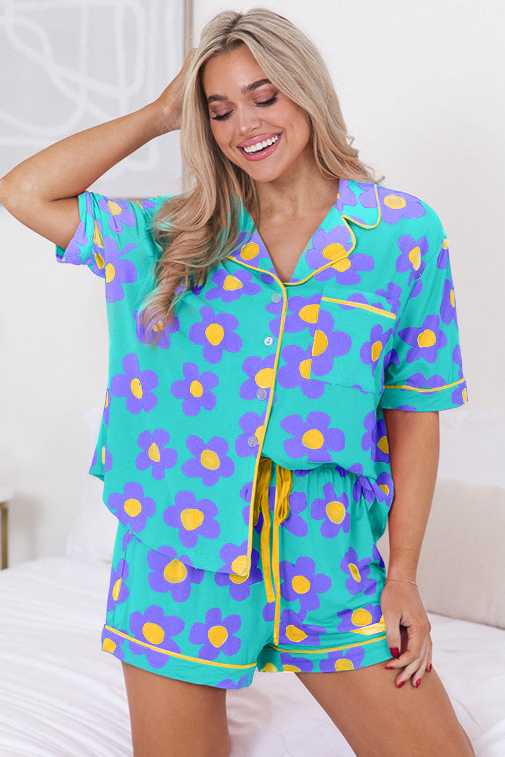 Flower Print Short Sleeve Shirt Pajamas Set