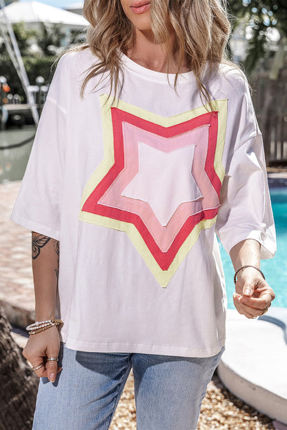 Moonlight Jade Colorblock Star Patched Half Sleeve Oversized Tee