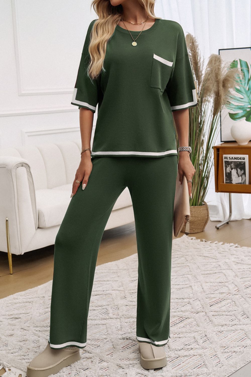 Devine Contrast Trim Half Sleeve Top and Pants Set