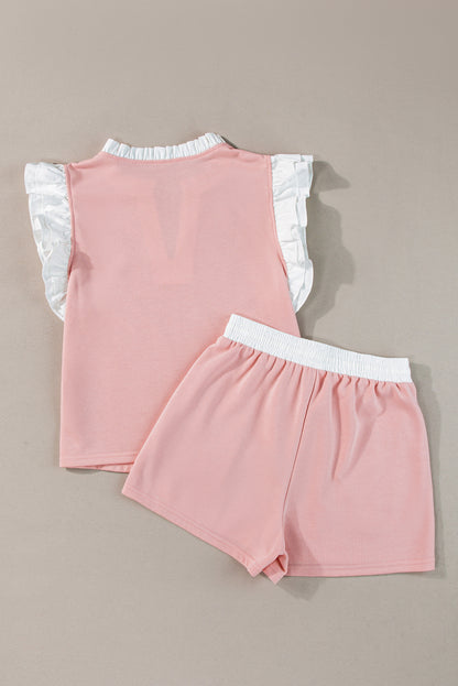 Light Pink Contrast Trim Ruffled Top and Drawstring Shorts Set