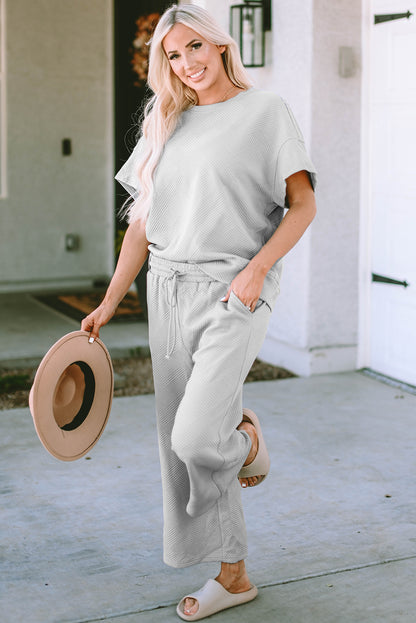 Navy Blue Textured Loose Fit T Shirt and Drawstring Pants Set