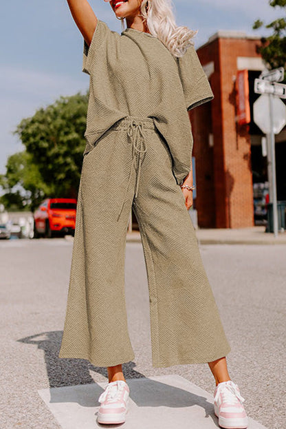 Navy Blue Textured Loose Fit T Shirt and Drawstring Pants Set