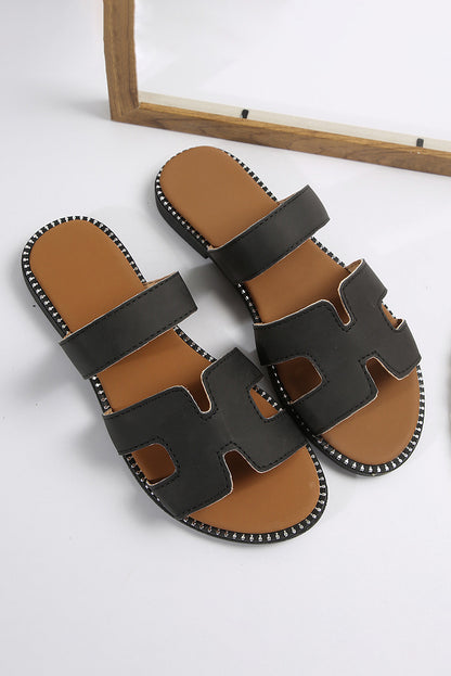 Brown Cut Out H Shape Band PU Leather Slippers