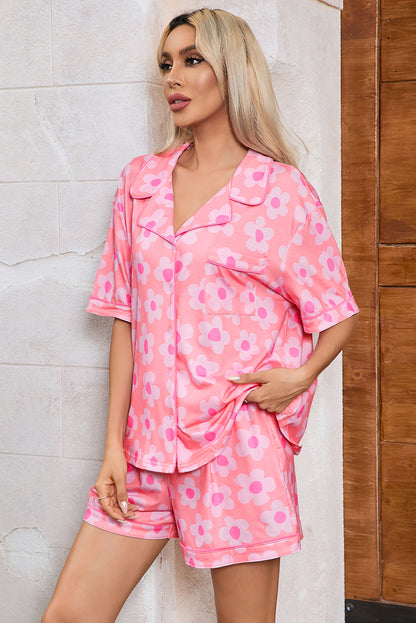 Flower Print Short Sleeve Shirt Pajamas Set