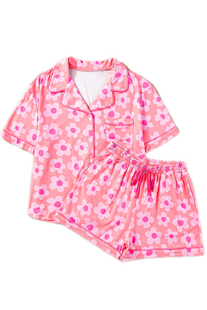 Flower Print Short Sleeve Shirt Pajamas Set