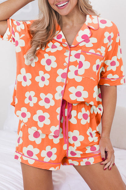 Flower Print Short Sleeve Shirt Pajamas Set