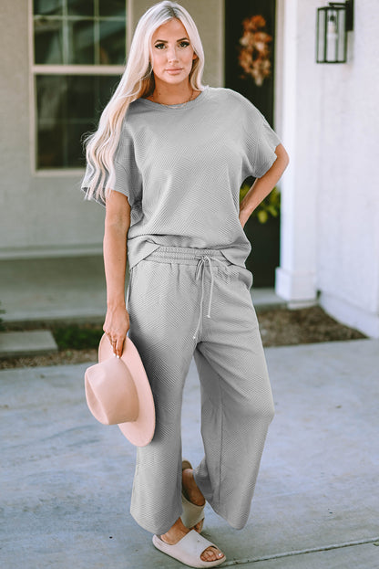 Navy Blue Textured Loose Fit T Shirt and Drawstring Pants Set