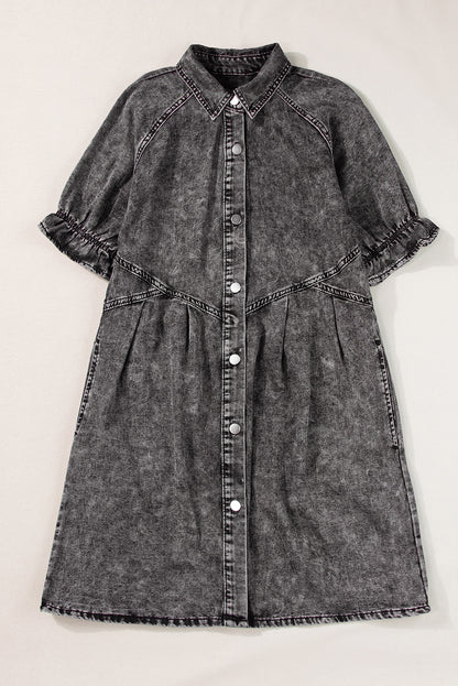 Beau Blue Mineral Wash Ruffled Short Sleeve Buttoned Denim Dress