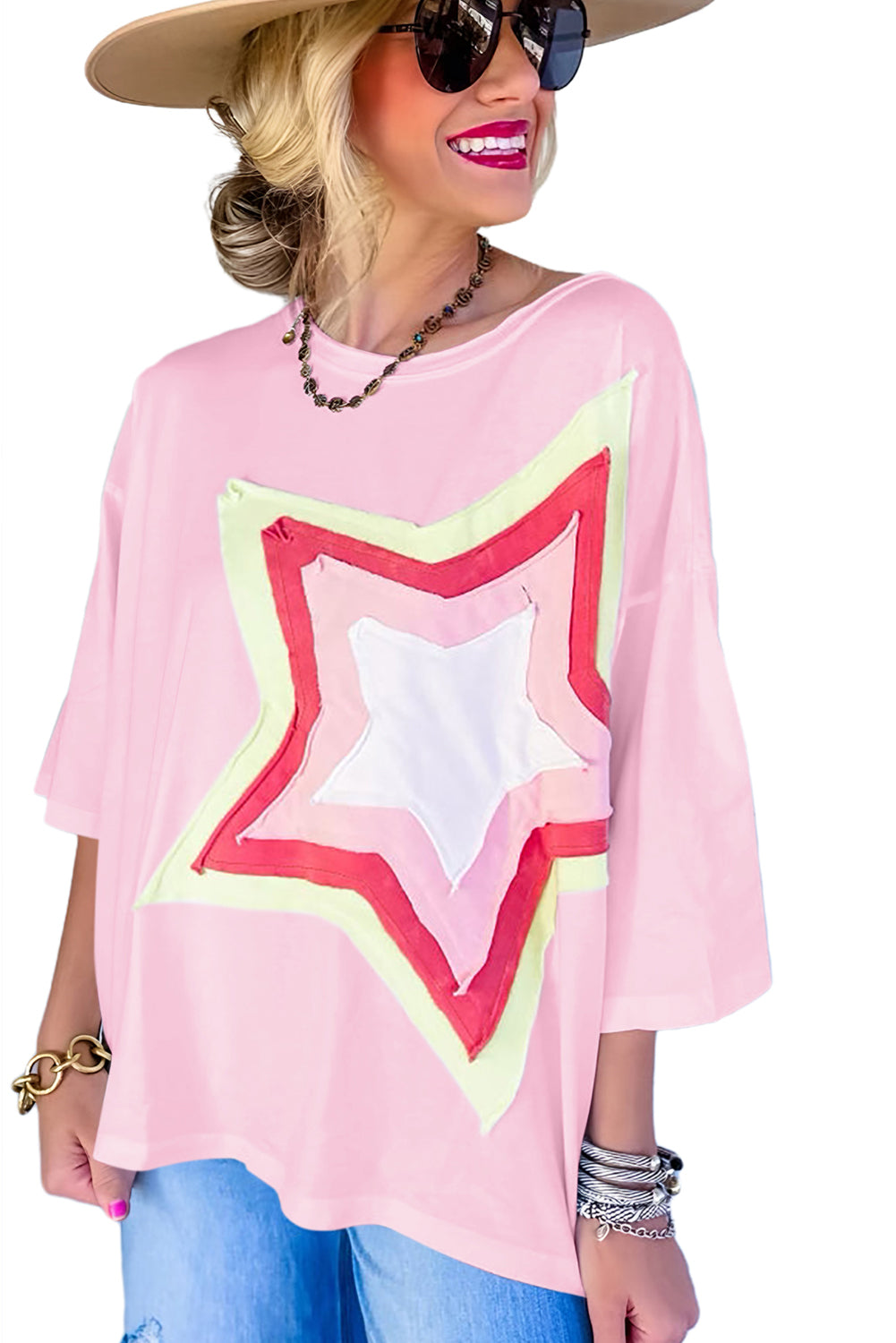 Moonlight Jade Colorblock Star Patched Half Sleeve Oversized Tee