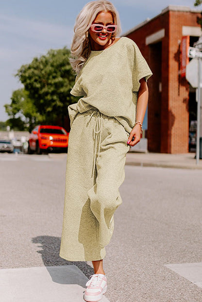 Navy Blue Textured Loose Fit T Shirt and Drawstring Pants Set