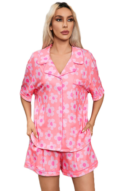 Flower Print Short Sleeve Shirt Pajamas Set