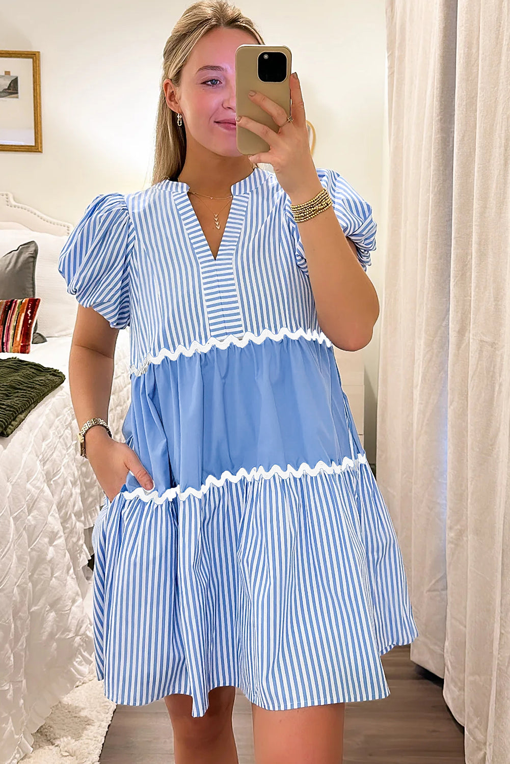 Sky Blue Ric Rac Striped Bubble Sleeve V Neck Dress