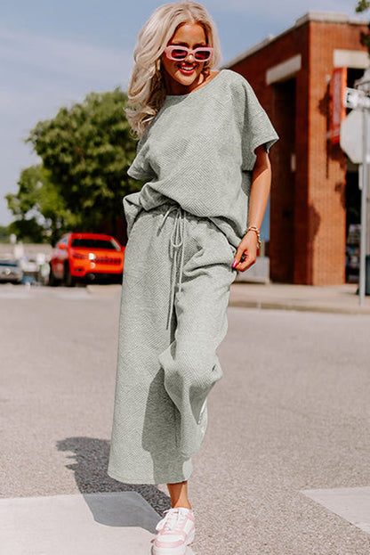 Navy Blue Textured Loose Fit T Shirt and Drawstring Pants Set