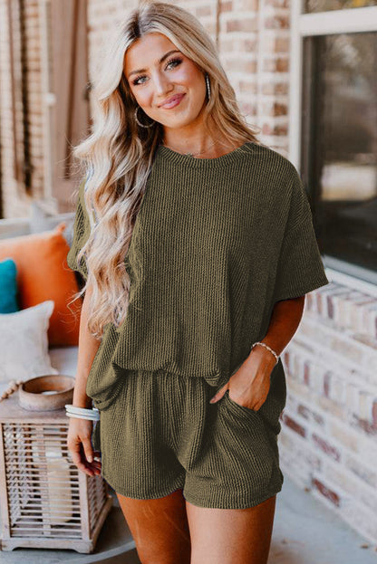 Carbon Grey Ribbed Textured Knit Loose Fit Tee and Shorts Set