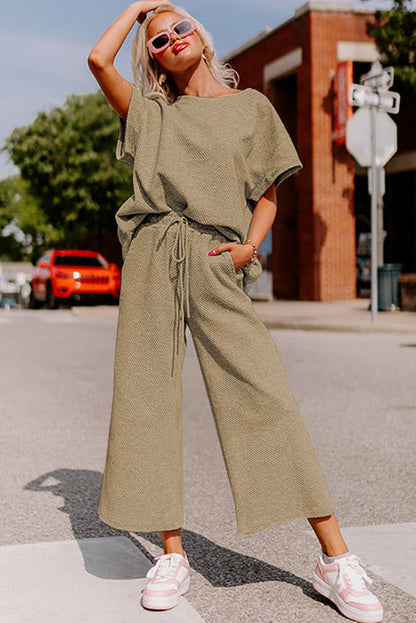 Navy Blue Textured Loose Fit T Shirt and Drawstring Pants Set